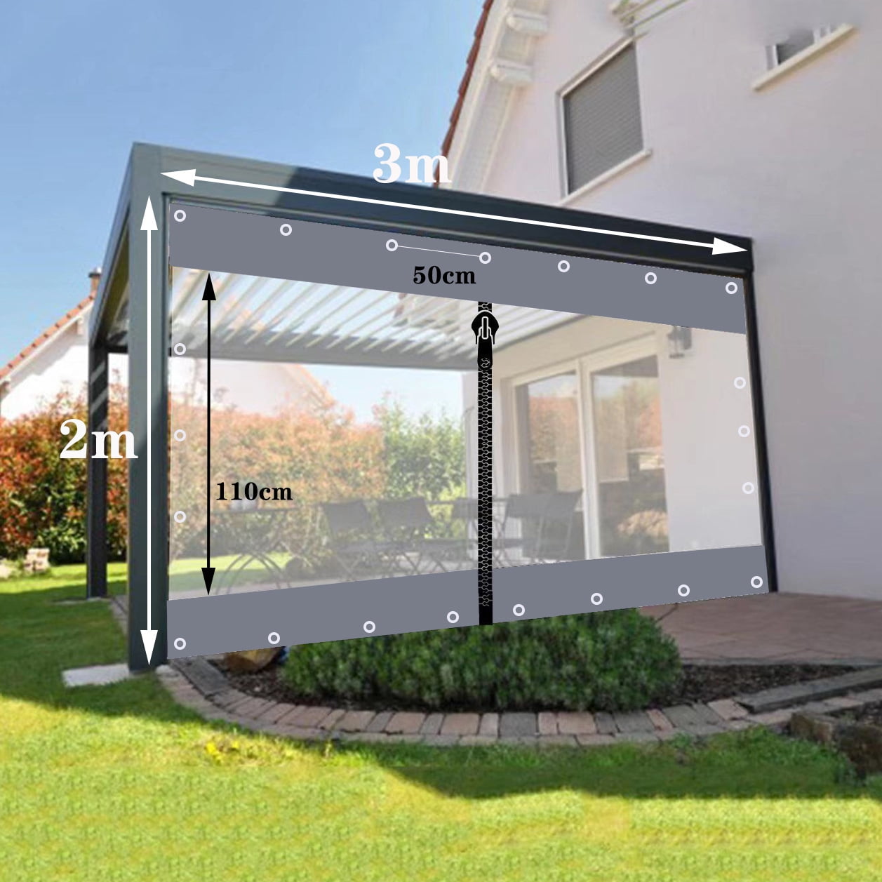 3x2m Clear PVC Outdoor Curtain Waterproof Transparent Patio Panel Windproof UV-Resistant Tarp for Pergola/Gazebo/Porch