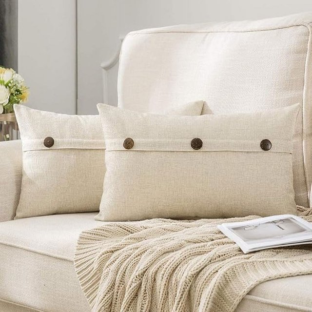 Juego de 2 Fundas de Cojines de Lino Blanco de 30x50 cm con Botones Decorativos Funda de Almohada de Tela de Lino Cuadrada Decoración Decorativa para Sala de Estar Sofá Dormitorio Hogar