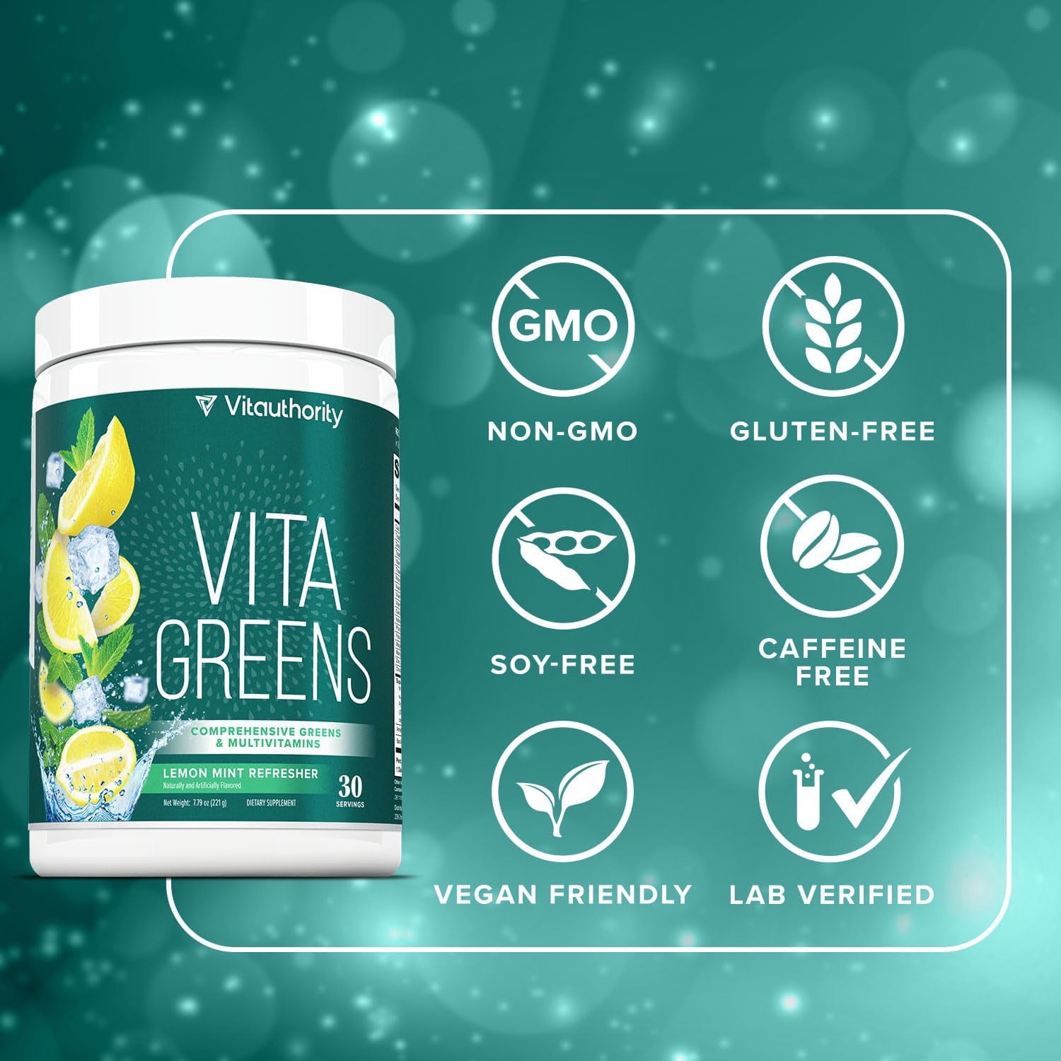 Vitauthority Vita Greens Superfood Dietary Supplement Powder, Daily Multivitamin, Gut Health & Immune Support Blend, Lemon Mint, 30 Servings