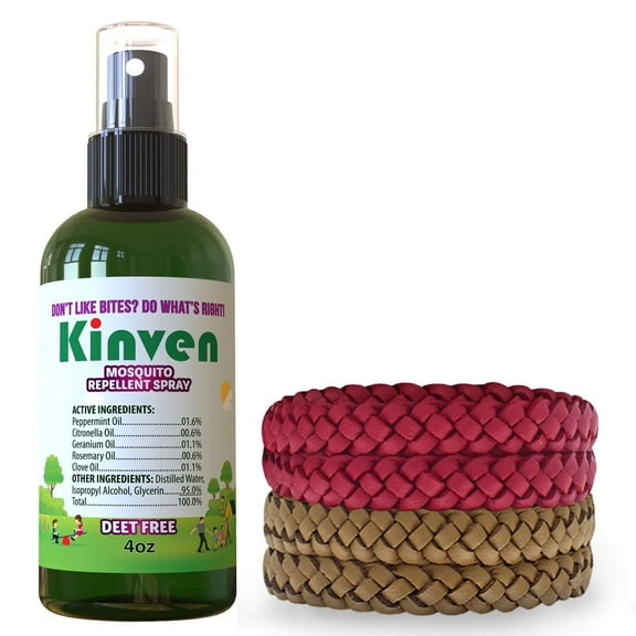 Kinven Anti Mosquito Repellent Bundle - (4oz Spray   4 Bracelet, Red&Brown)
