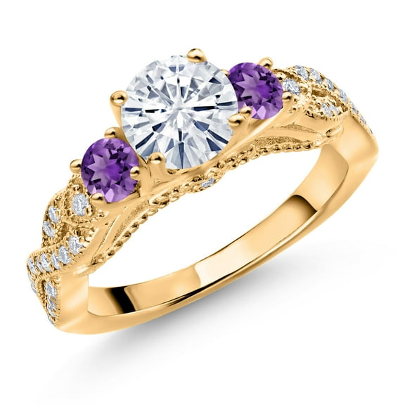 Gem Stone King 18K Yellow Gold Plated Silver White Moissanite and Purple Amethyst Engagement Ring for Women (1.27 Cttw, Gemstone, Round 6MM and 3MM, Size 8)