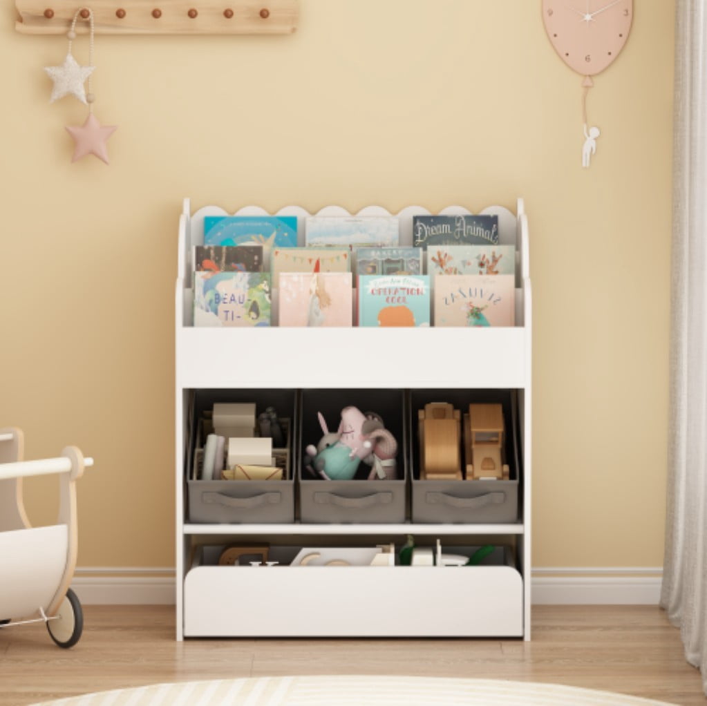 Kids Bookshelf with Storage Bins & Drawer, Wooden Book Organizer with 3 Fabric Bins, Front-Facing Bookcase & Toy Storage for Toddler Nursery, White