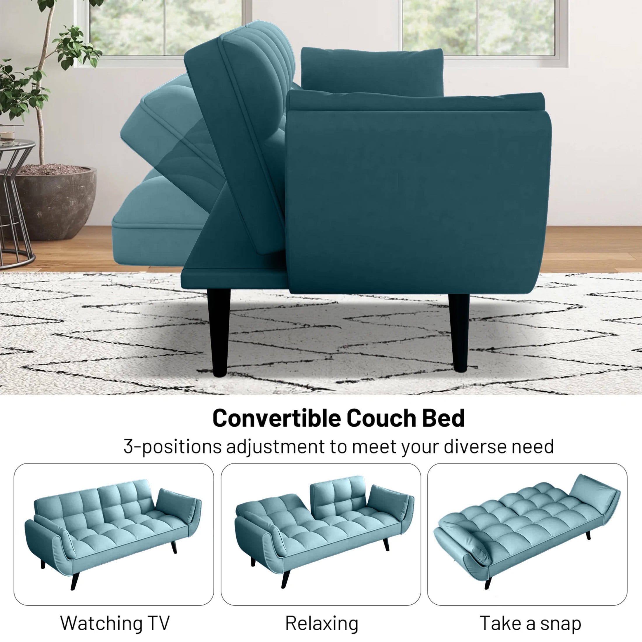 Aukfa 75" Flared Arm Futon Convertible Sofa Bed, Curved Sleeper Sofa for Home Office, Blue