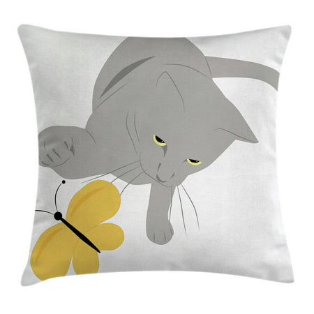 Grey and Yellow Throw Pillow Cushion Cover, Cat Pet Feline Best Friend Playing with Spring Butterfly Print, Decorative Square Accent Pillow Case, 18 X 18 Inches, Black Marigold and Grey, by