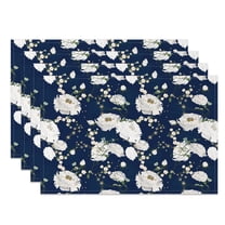 MIZHONA Dark Blue Placemats Set of 4,12x18 Inch White Floral Table Mats for Party Kitchen Dining Decoration