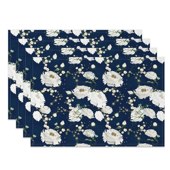 MIZHONA Dark Blue Placemats Set of 4,12x18 Inch White Floral Table Mats for Party Kitchen Dining Decoration