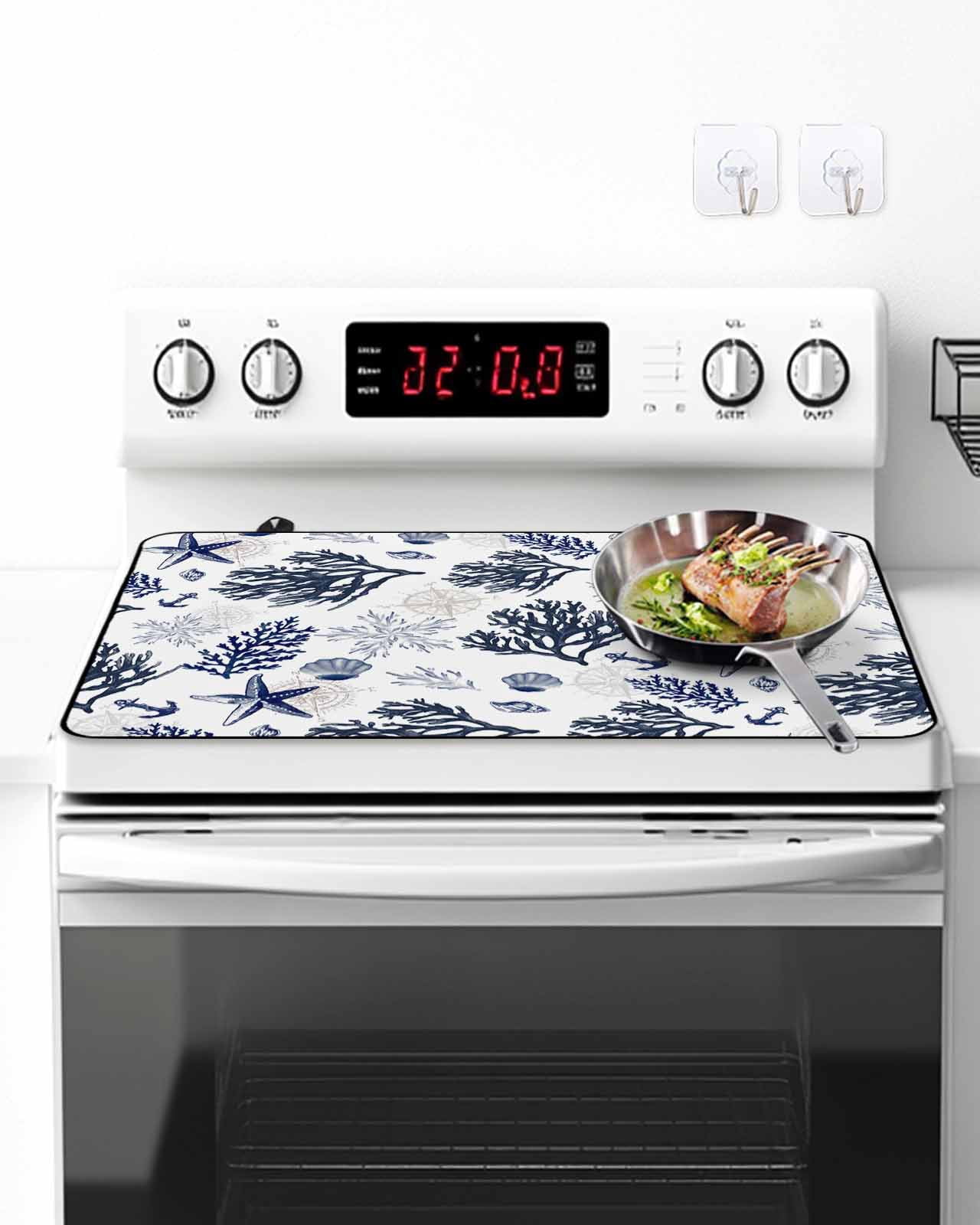 Stove Top Covers for Electric Stove, Navy Blue Coastal Glass Stovetop Cover Protector, Coral Shell Summer Beach Nautical Induction Cooktop Protector Oven Mat for Kitchen Countertop 24"x21"