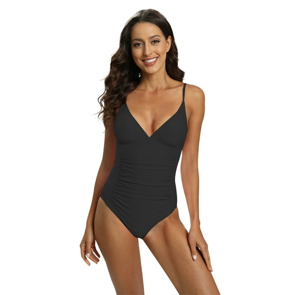 Xmarks One Piece Bathing Suit for Women Tummy Control Swimsuit Slimming Vintage Swimwear Black US 14