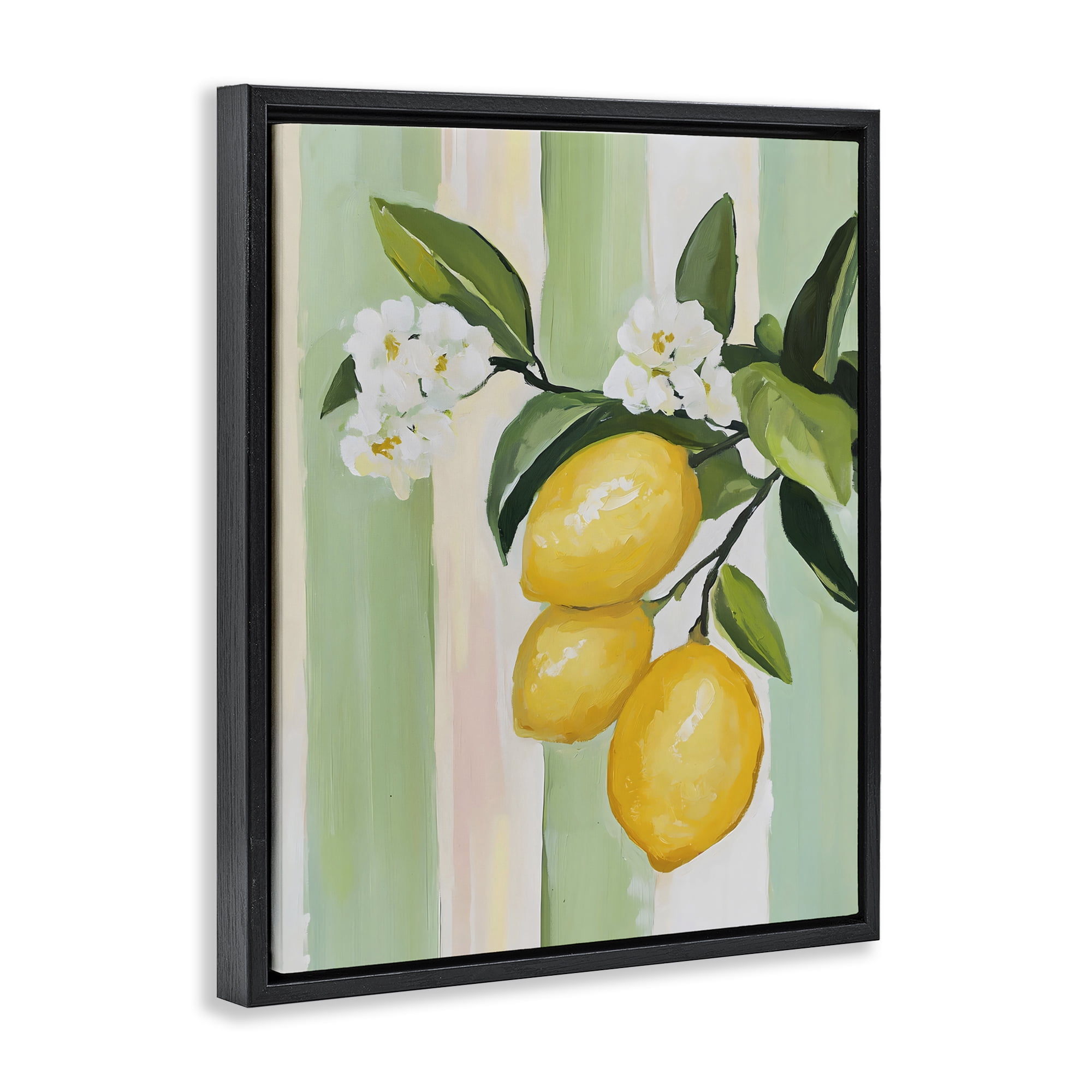 Stupell Industries Lemons & Flowers on Stripes Black Framed Floater Canvas Wall Art, design by The Prints Vibe