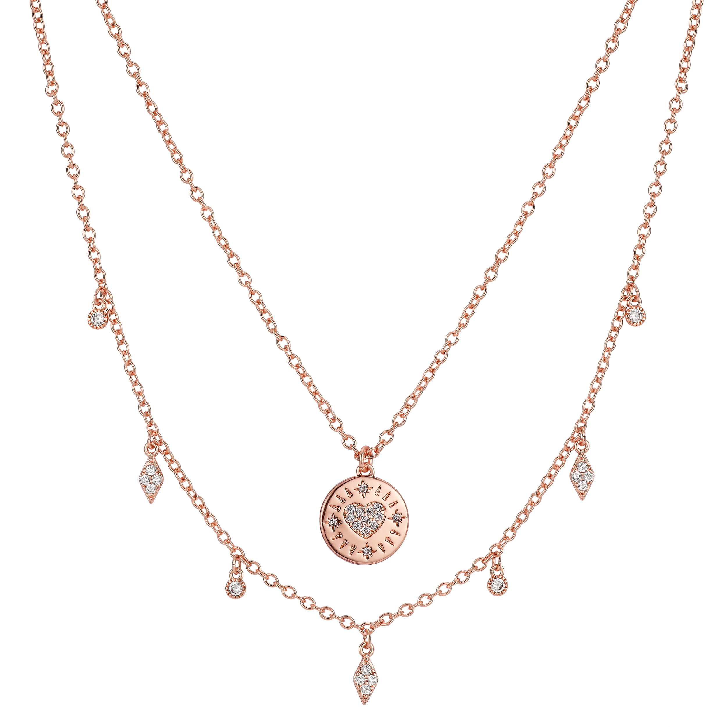 14kt Gold Flash-Plated Crystal Coin and Heart Charm Layered Pendant Necklaces, 16 & 18 +2' Extender