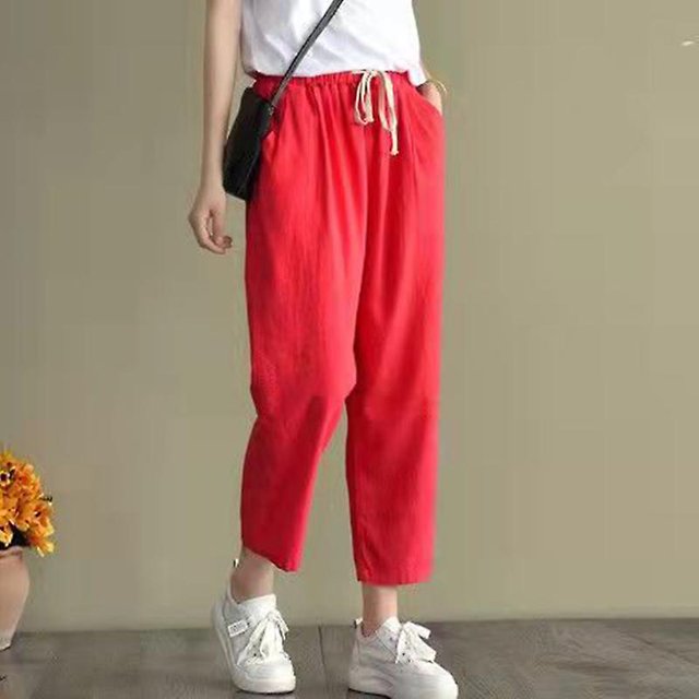 Lucyever 2022 Primavera Verano algodón Lino Pantalones mujer Color sólido Casual tobillo-longitud pantalón mujer encaje hasta la cintura pantalones sueltos Ahong se4XL