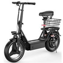 Electric Scooter with Seat, 650W Peak Motor, 14" Tire, 48V 15AH Electric Scooter for Adults, 25MPH 30Miles Range Folding E Scooter for Adults Commuting Travel (with Rear Basket)