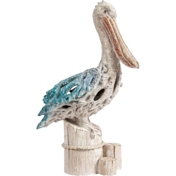 Pelican Statue Figurine Coral Reef Beach Home Decor (Blue Pelican on Post) 13 3/4 inches Tall