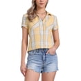 thumbnail image 1 of Camisas de cuadros para mujer INSPIRE CHIC con cuello de punta y botones, color amarillo y azul, 1 of 6