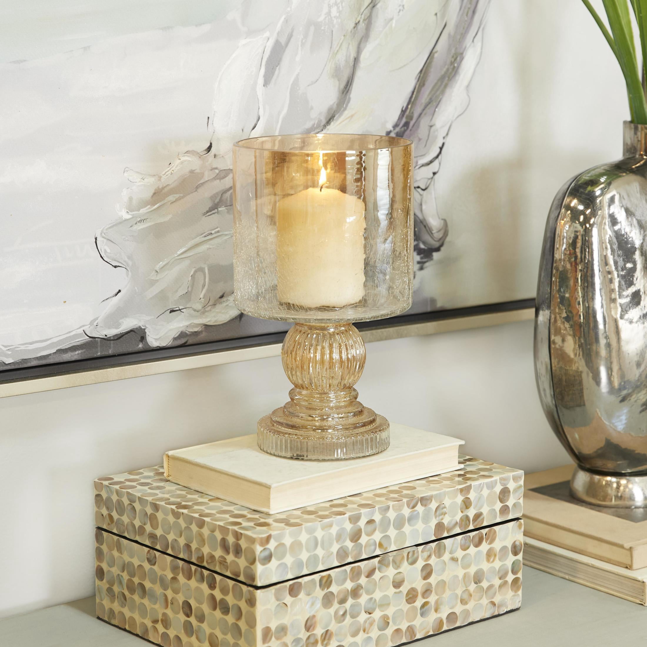 DecMode Gold Glass Handmade Turned Style Pillar Hurricane Lamp with Faux Mercury Glass Finish