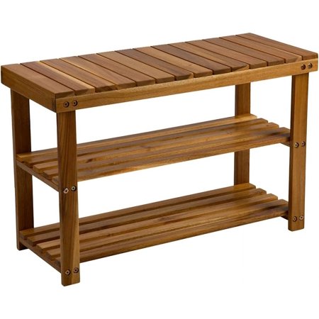 3-Tier Shoe Rack Bench, Made of Sturdy Acacia Wood, Entryway Shoe Storage Organizer Holds Up to 350 lbs, Storage Shelf & Seat for Entryway, Hallway, Living Room, Bathroom (27.6"L x11"W x 17.8"H)