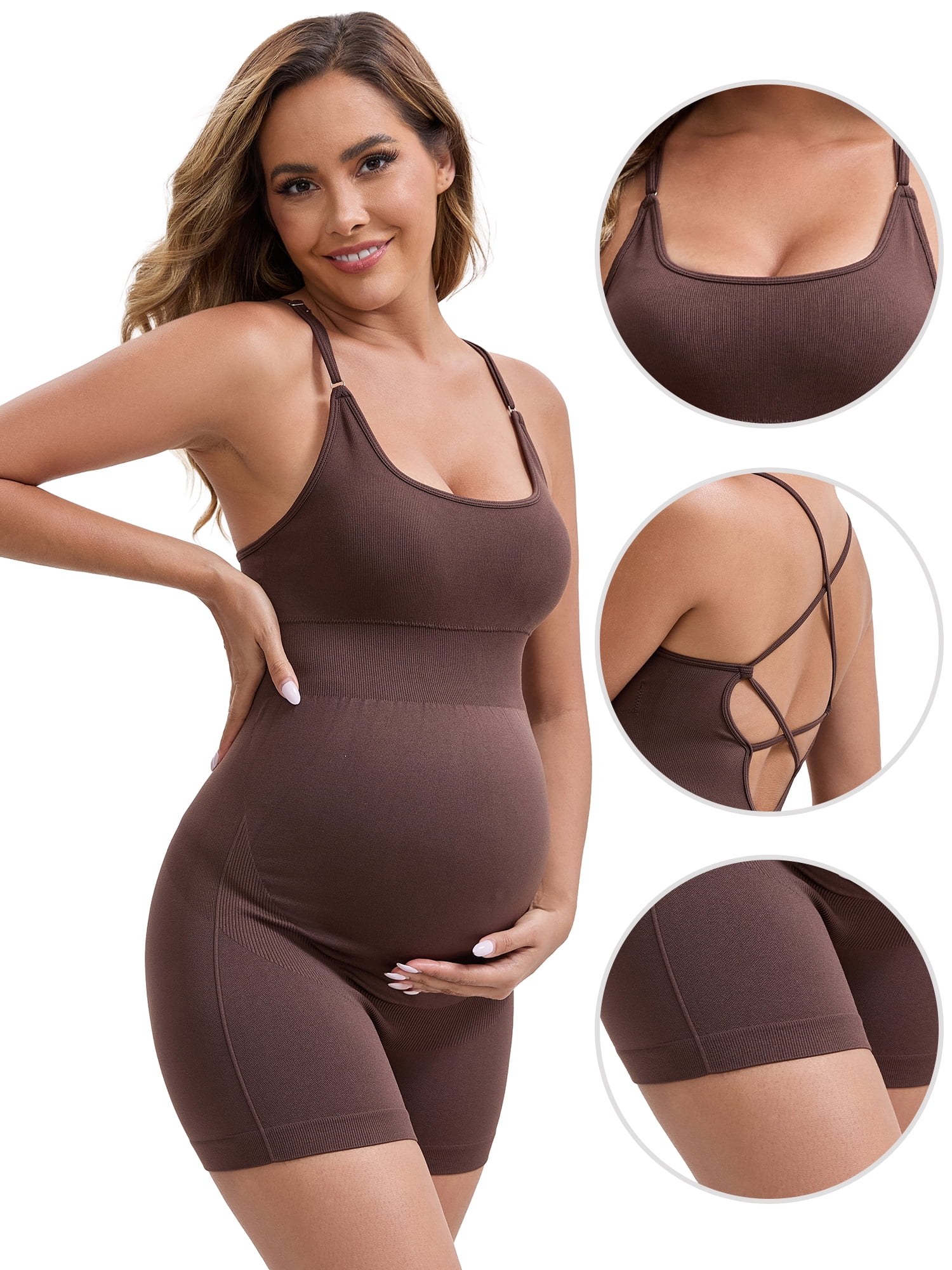 DARING DIVA Women's Maternity Sleeveless Bodysuit U-Neck Brown