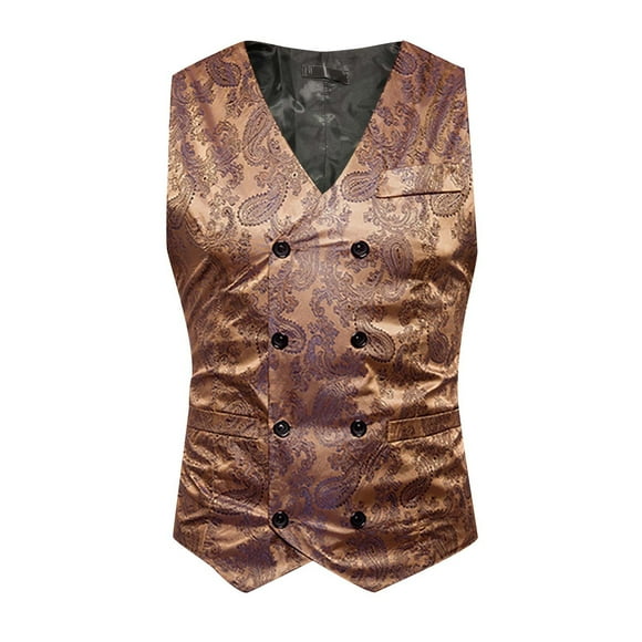 Penkiiy Blazer Vest for Men Men's Fashion Everyday Party Casual Print Double Breasted Blazer Jacket Gold S(4) Vest
