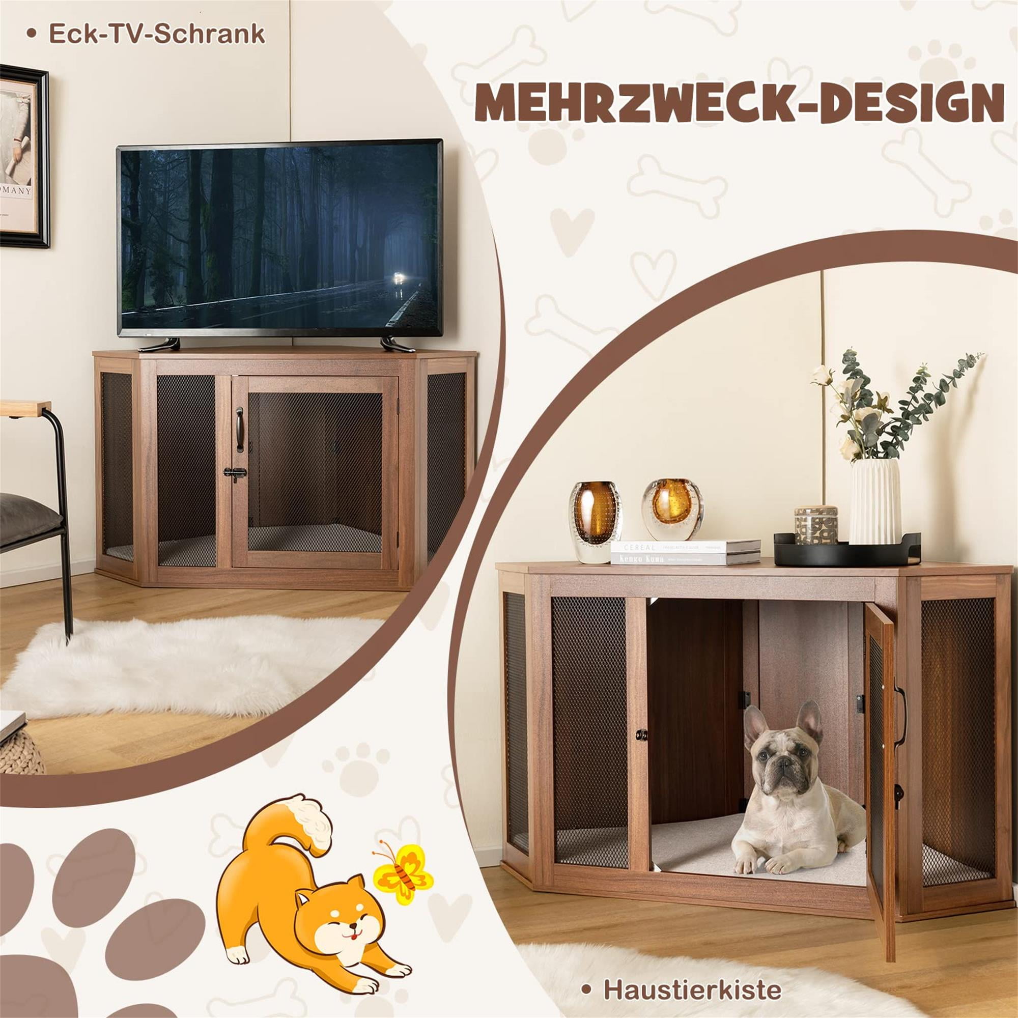 Kadyn 45" Dog Crate Furniture for Small Dogs with Door Lock and Cushion, Corner Fence Dog Cage for Indoor Dogs, Brown