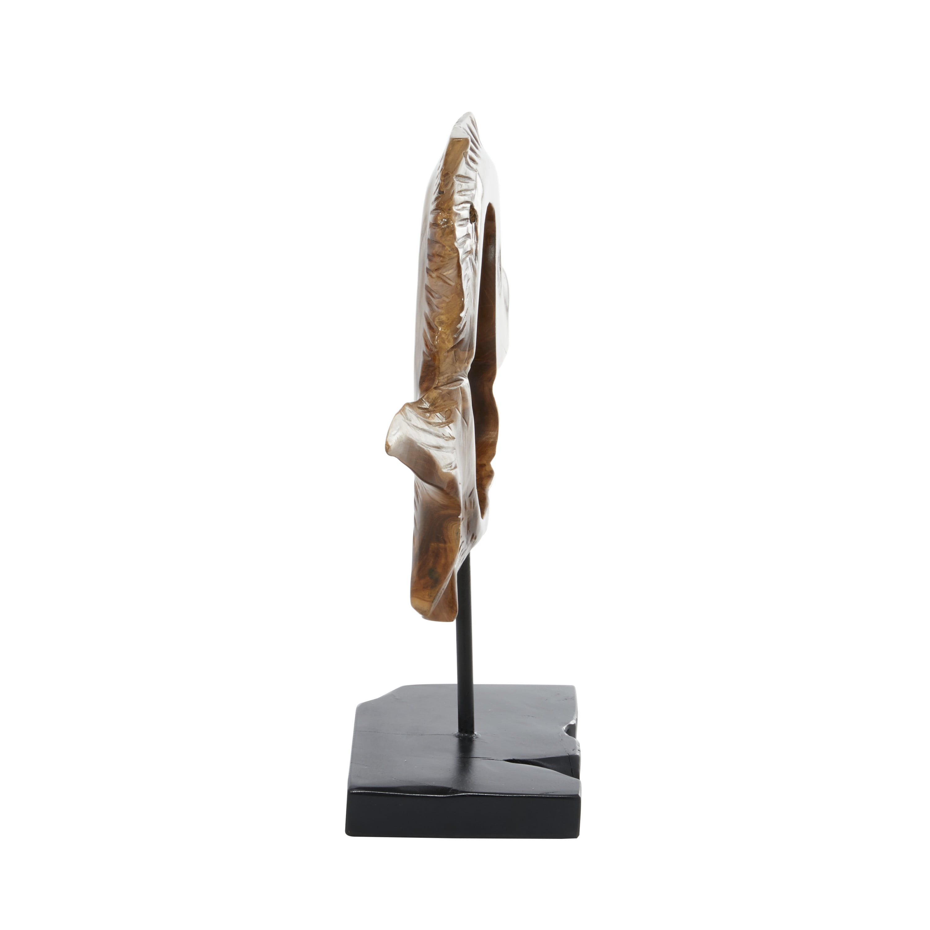 19" x 16" Brown Teak Wood Handmade Carved Fish Sculpture with Stand, by DecMode