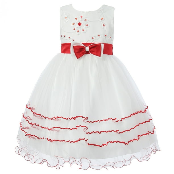 Little Girls White Red Floral Embroidered Layered Dress 3/4