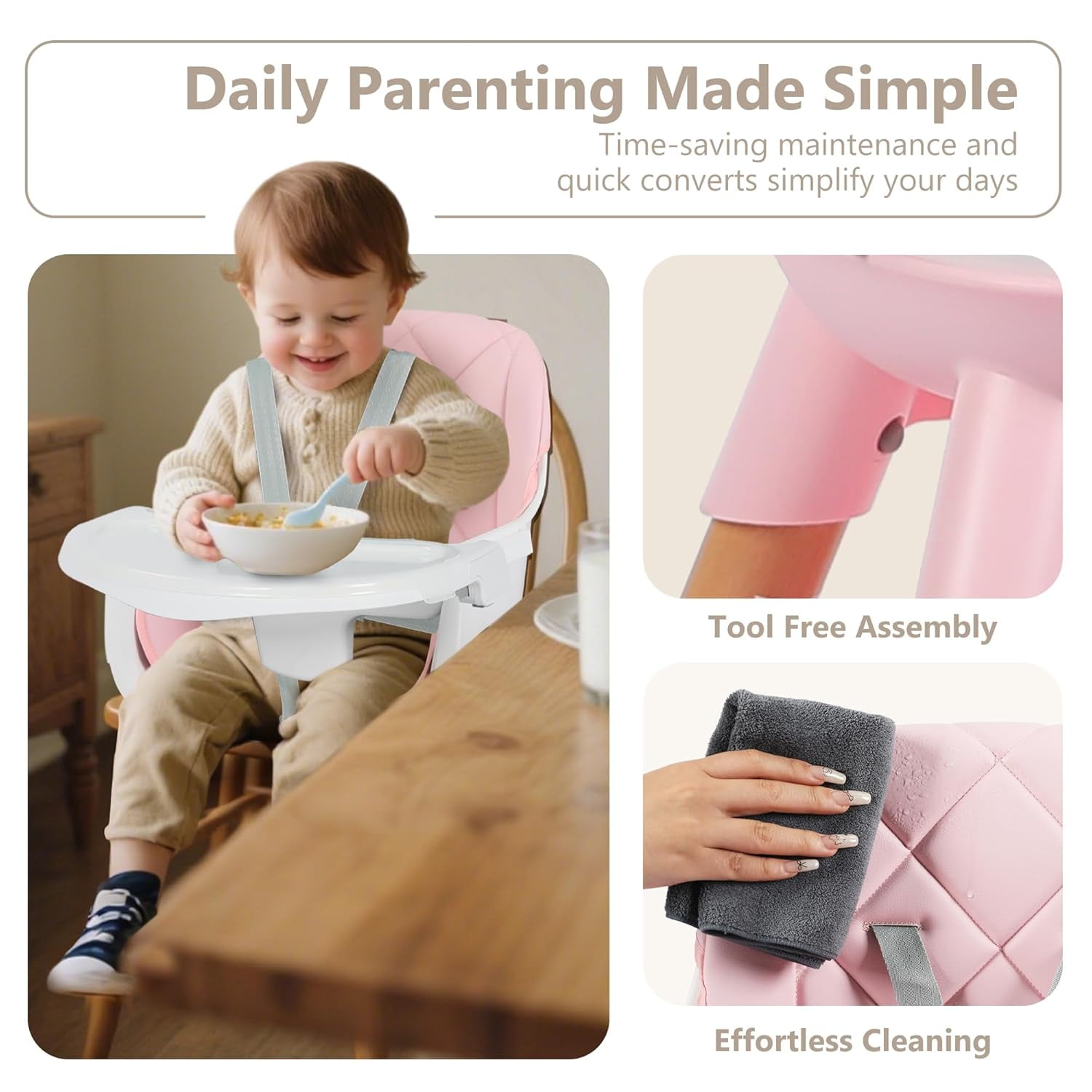 LINLUX Wood Baby High Chair, 7 in 1 Convertible Highchair, Infant Feeding Chair, Toddler Chair Pink