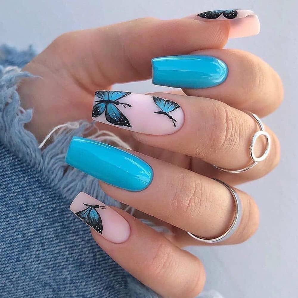 Butterfly Press on Nails Medium Length Fake Nails French Ballet Sky Blue  Butterfly Nature Design Acrylic Nails for Exquisite Women and Girls 24Pcs -  