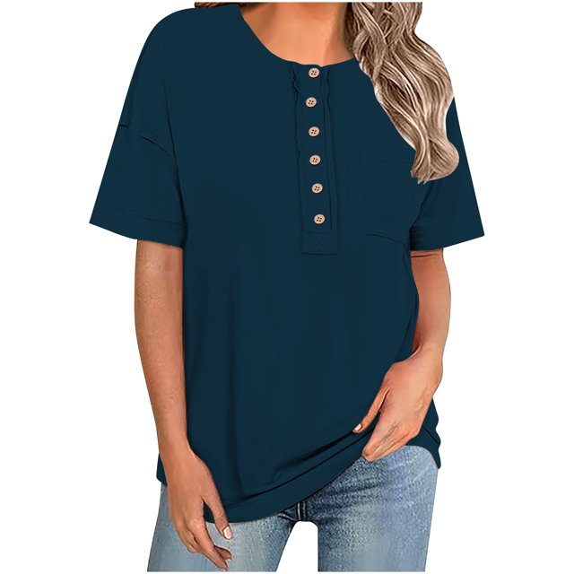 Yuyuzo Hauts d'Été pour Femmes Chemises à Manches Courtes Boutonnées Col Rond Blouses Amples