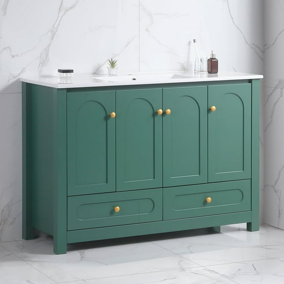48" Green Bathroom Vanity with Sink Combo, Solid Wood Frame Cabinet with Ceramic Basin, 4 Soft-Close Doors & 2 Drawers, Modern Storage Vanity for Bathroom