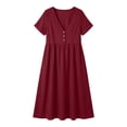 thumbnail image 4 of Kvture Women's Linen Midi Dress V Neck Button Front Short Sleeve Dress Loose Fit Casual Summer Dresses with Pockets Wine, 4 of 9