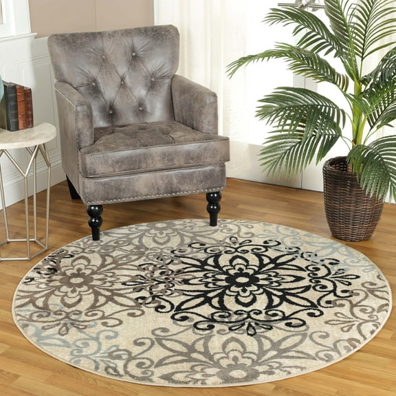 Superior Modern Floral Scroll Pet and Kid-Friendly Indoor Area Rug, 5' Round, Multi-Colored