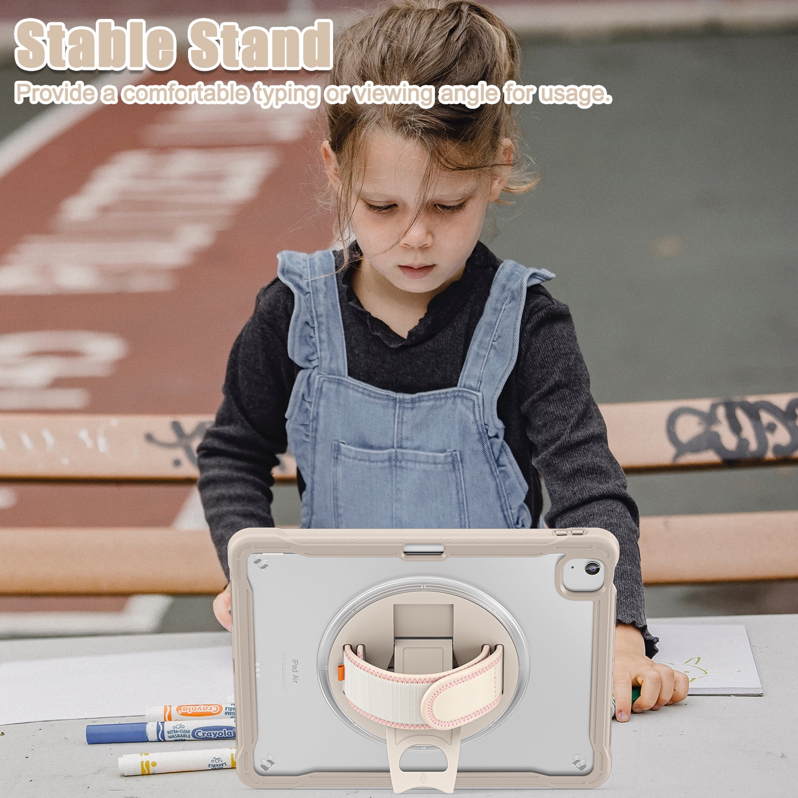 Dteck Case for iPad Air 13 inch 2025/2024,Military Grade Shockproof Silicone Cover 360° Rotatable Stand- Shoulder Strap- Handle- Pencil Holder for iPad Air 13-in. M3/M2,Khaki