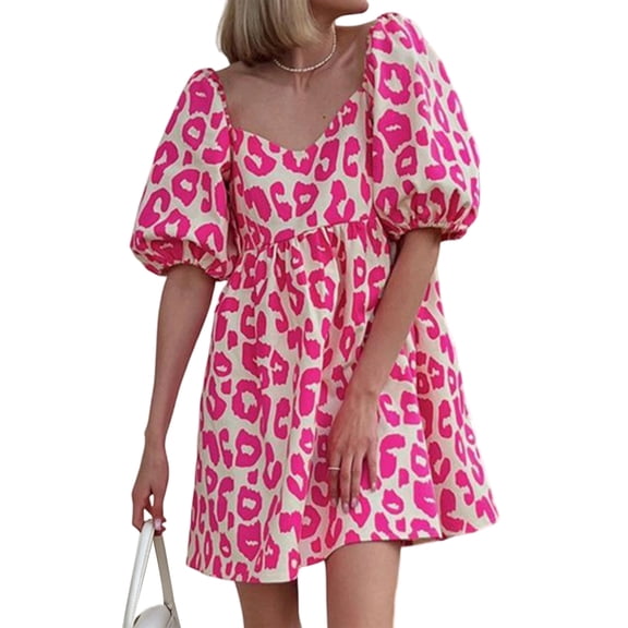 Dresses for Women V Neck Ruffle Short Sleeve Babydoll Dress Sundress Pink S
