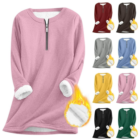 Veste Chaude en Polaire Épaisse pour Femmes en Poils d'Agneau avec Demi-Fermeture Éclair, Poches, Manches Longues, Col Rond, Coupe Ample, Chandail-Over d'Extérieur pour l'Automne et l'Hiver, Mode Décontractée / CSEONE, Noir G