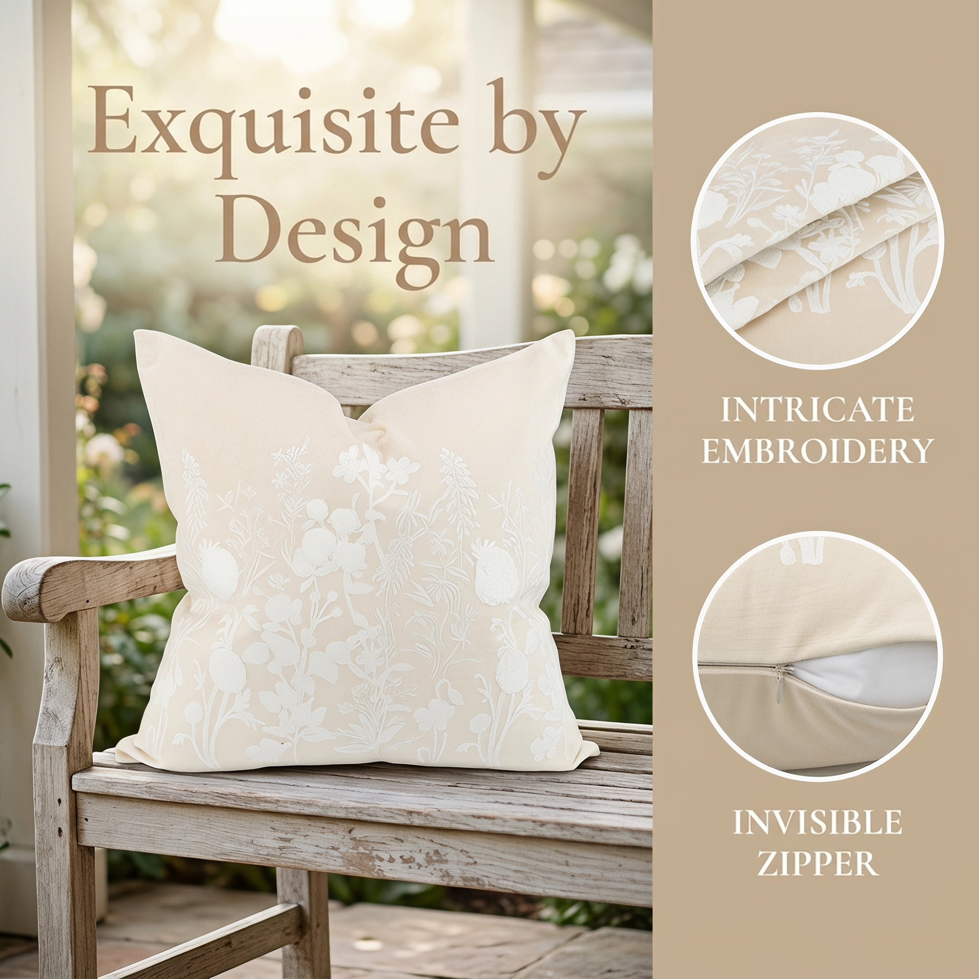 Unique Bargains Floral Embroidered Pillow Cover for Home Decor and Comfort Beige 18"x18"