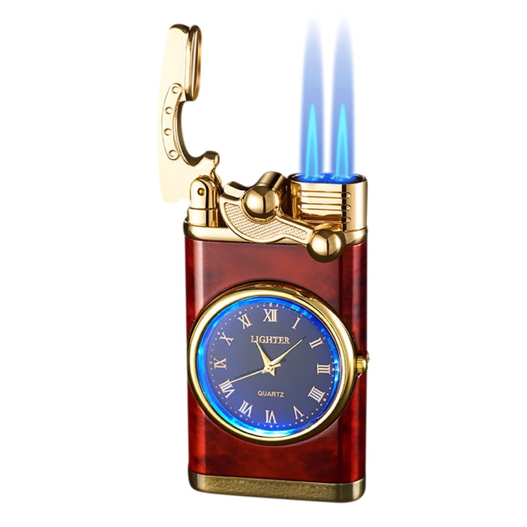 QuLuJing Cigarette Lighter, Double Fire Switching Lighter with Quartz Watch  Metal Inflatable Windproof Blue Flame Lighter Fashion Gift