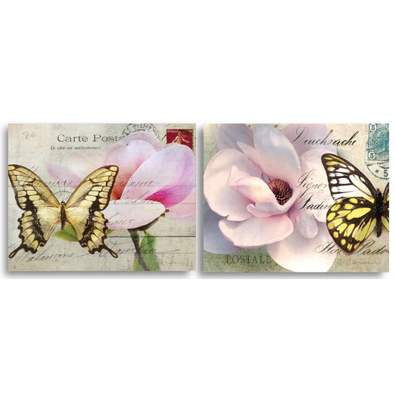 Carte Postale; Beautiful Pink Magnolia's and Yellow Butterflies; Two 14X11 Poster Prints
