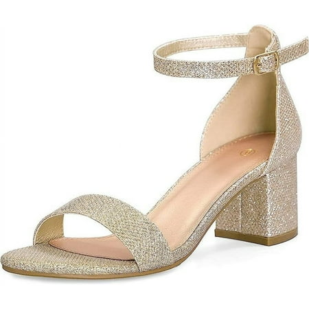 Pennysue Women s Chunky Low Heels Sandals Gold Glitter Ankle Strap Wedding Shoes 7.5M