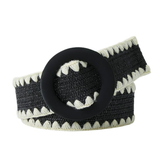 SWSMCLT Women's Stretch Braided Belt Elastic Rattan Holeless Summer Casual Chunky Raffia Belt for Dress O Ring Buckle Thick Fashion Bohemian Black One Size fits S-L