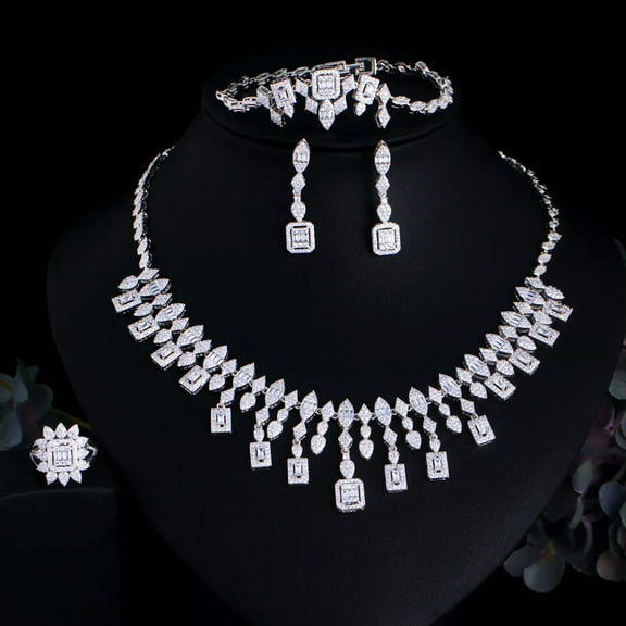 Chunky White Gold Plated CZ Leaf Necklace Earrings Bracelet Ring Jewelry Set