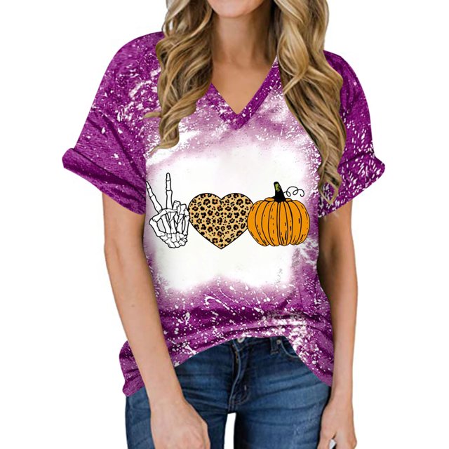 Camiseta con cuello en V para mujer Camiseta con estampado de Halloween Camiseta de manga corta Tops Pompotops hkajfhjk472999