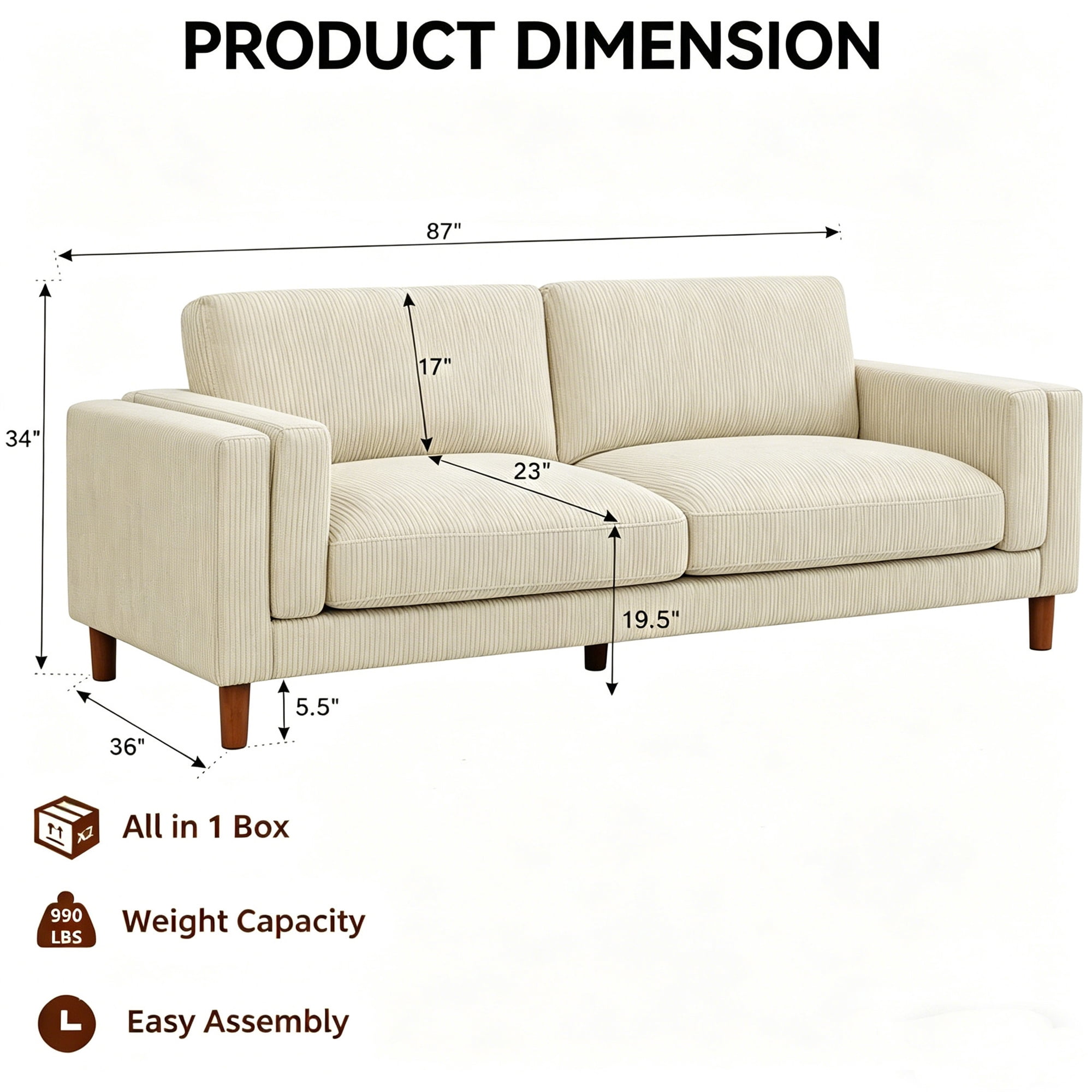 Aukfa 87" Modern Sofa Couch Oversized 3-Seater Sofa for Living Room, 23" Deep Seat, Corduroy, Beige