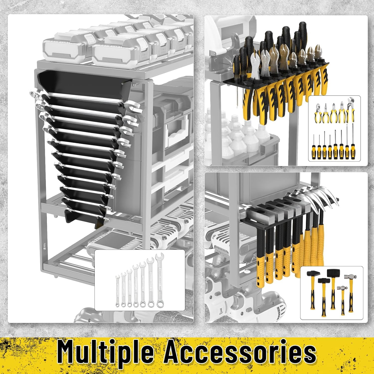 Heavy Duty 3-Tier Power Tool Organizer Wall Mount with 8 Drill Holders and Wrench Shelves for Garage Workshop Storage