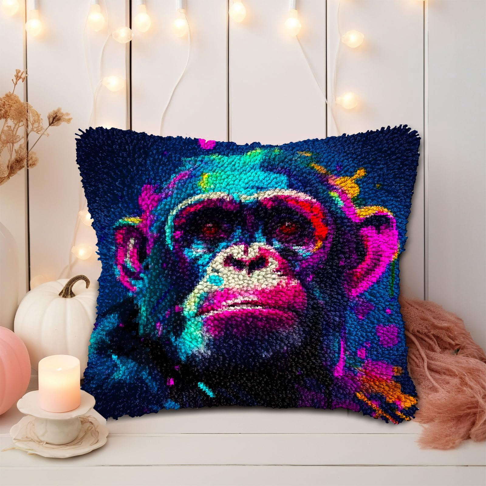 Colorful Cute Monkey DIY Latch Hook Pillow Kits for Adults Printed Pillowcase Crochet Yarns Hooking Handmade Pillow Cover Cushion for Home Sofa Decoration 17x17inch