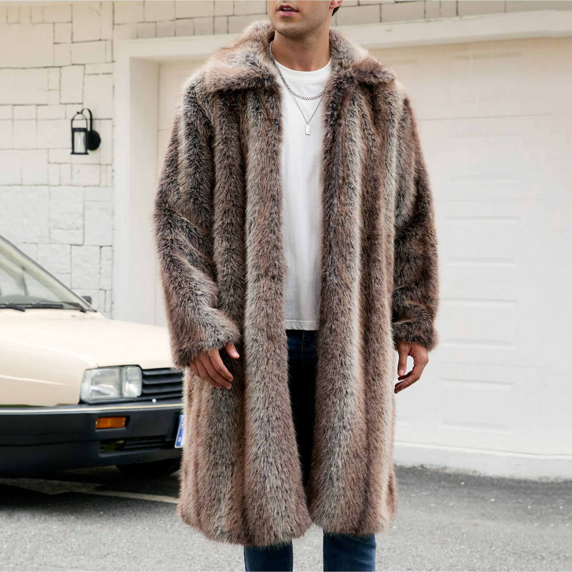 Xcmzpl Faux Fur Coat Men Long Fuzzy Fleece Jacket Furry Cardigan