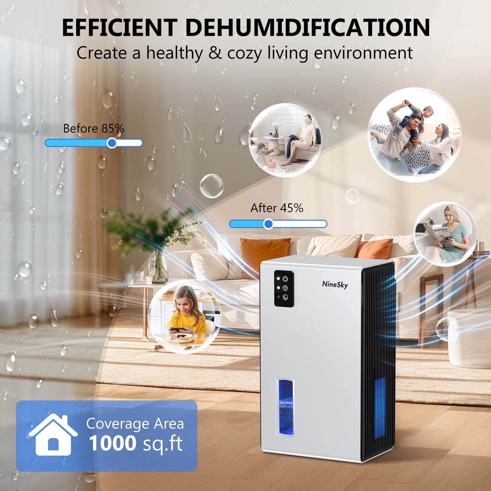 95OZ Dehumidifier for Home, 1000 Sq.Ft Moisture Absorber with Auto Shut-Off, 7 Color LED Lights for Bedroom, Bathroom, Basement, Closet (Silver)