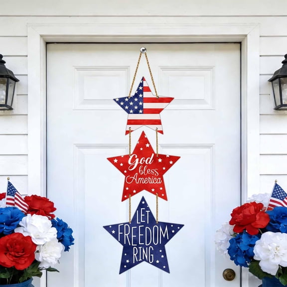 4th of July Decorations, Wooden Patriotic Star Wreath Hanging Sign, Red White Blue Independence Day Door Wall Decor with "Let Freedom Ring" for Memorial Day Home Porch Indoor Outdoor