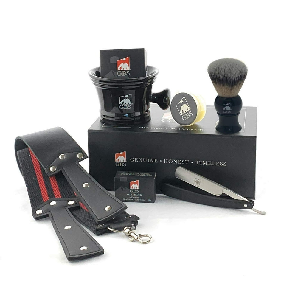 GBS"Shave Ready" Wood Straight Razor + Complete Beard/Shaving Set