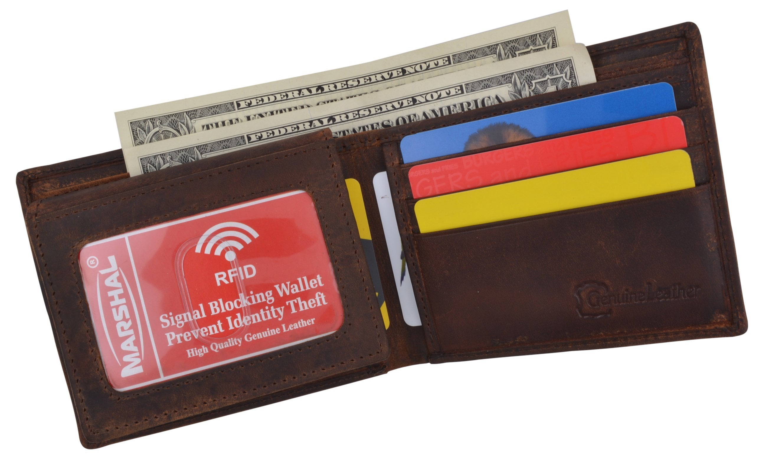 American Flag Genuine Leather Bifold Wallet Canvas Flag & RFID Blocker 