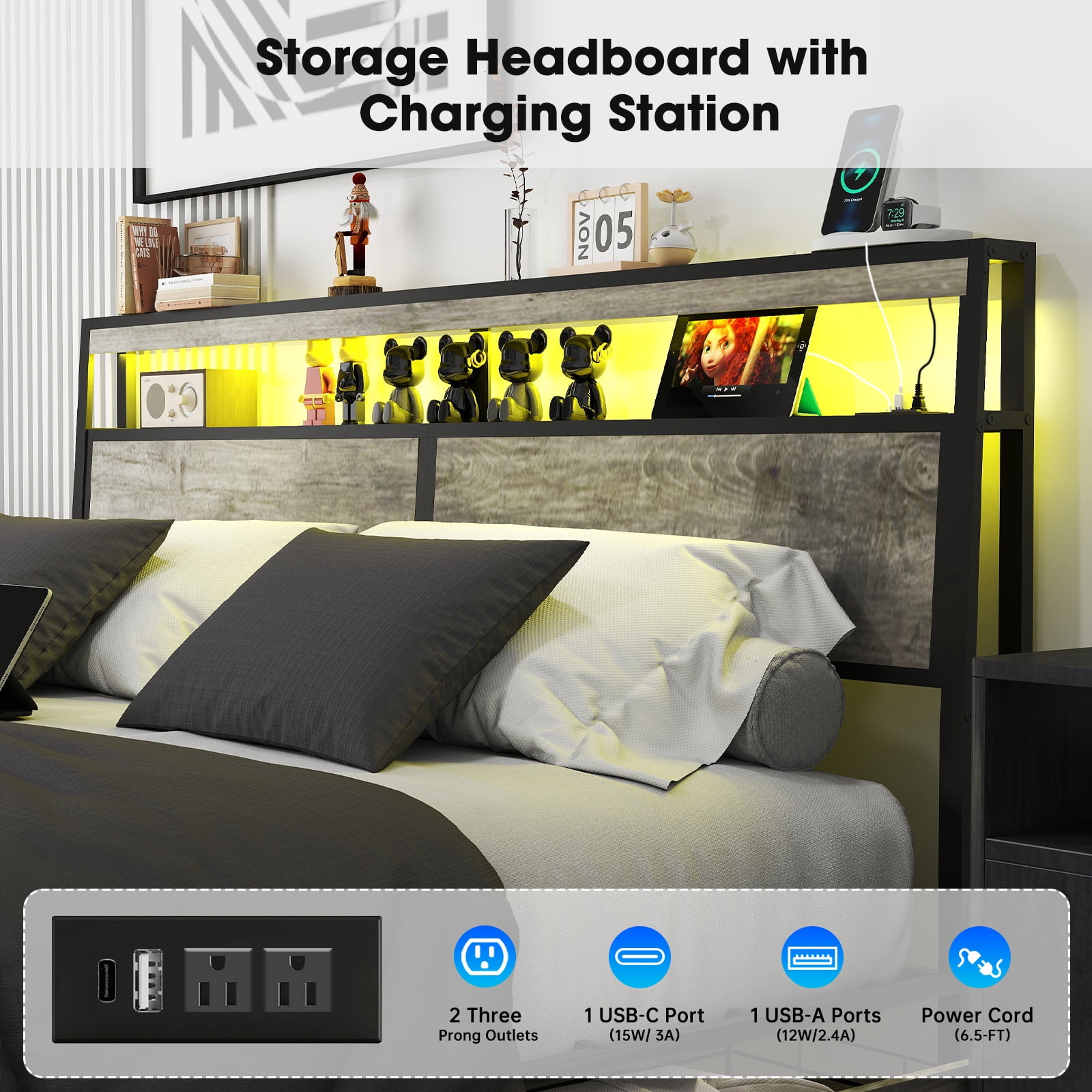 DRNANLIT King Size Bed with Storage Headboard, 4 Drawers, LED Lights, Charging Station, Metal Platform, No Box Spring Needed, Grey